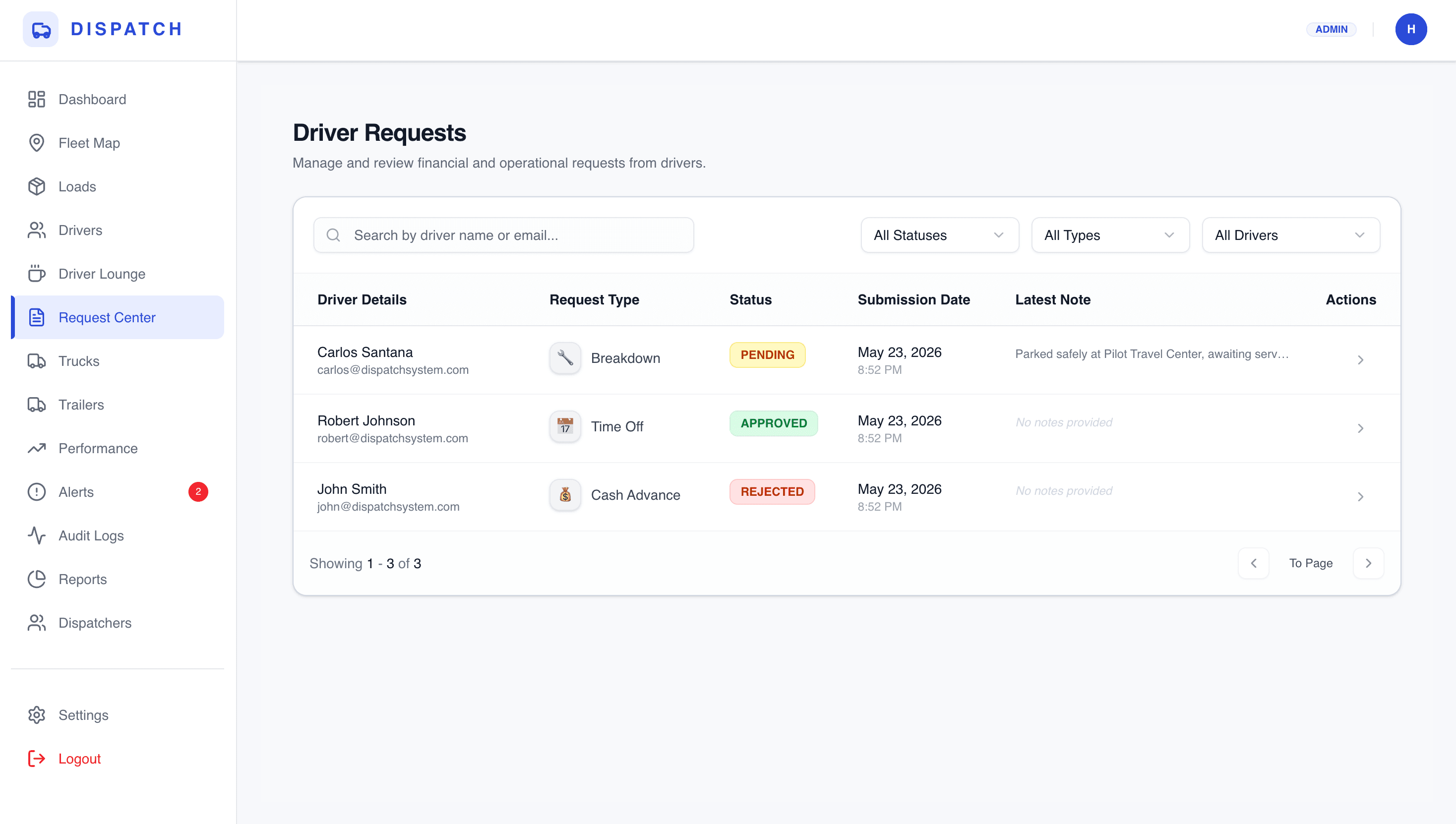 Driver request center